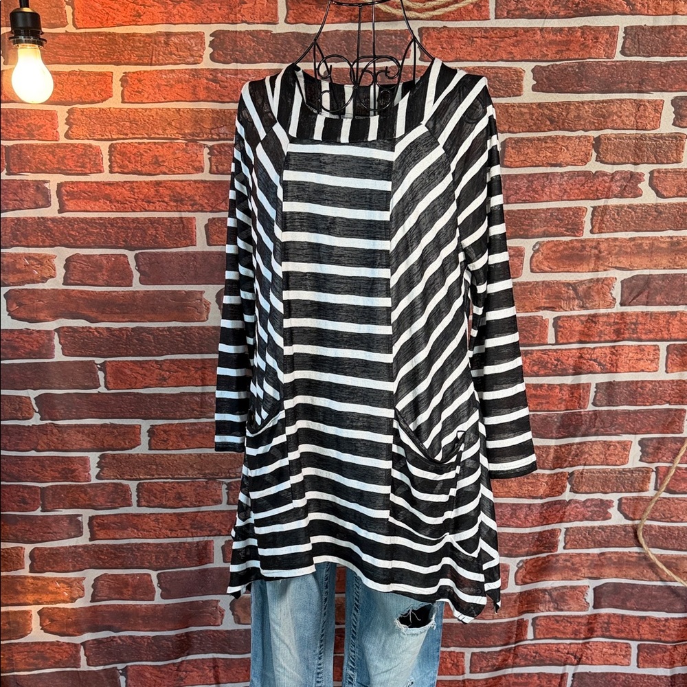 👚 Kaktus Black White Stripe Tunic Asymmetrical Long Sleeve Lined Top M / I